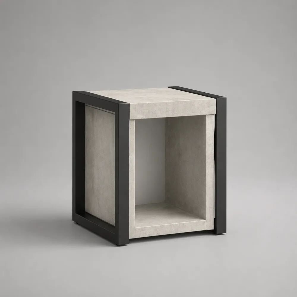 Comodino rettangolare in MDF effetto cemento e acciaio nero con vano aperto, 40 x 35 x 50 cm