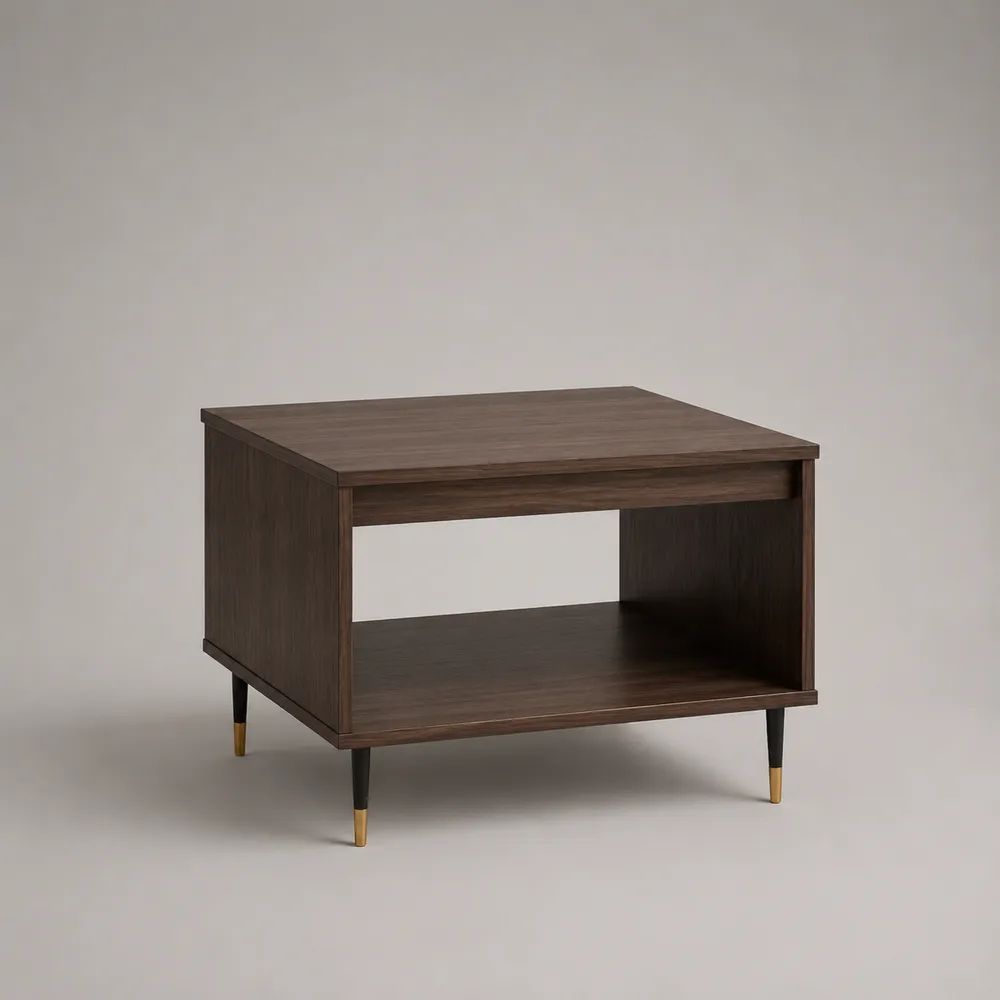 Tavolino da salotto quadrato con cassetto e ripiano, effetto noce marrone scuro, 60 x 60 x 50 cm
