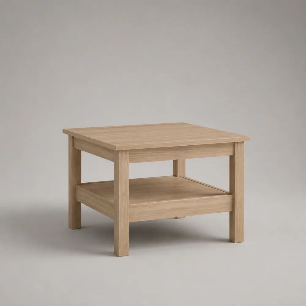 Tavolino da salotto quadrato in legno rovere naturale con ripiano inferiore, 60 x 60 x 50 cm