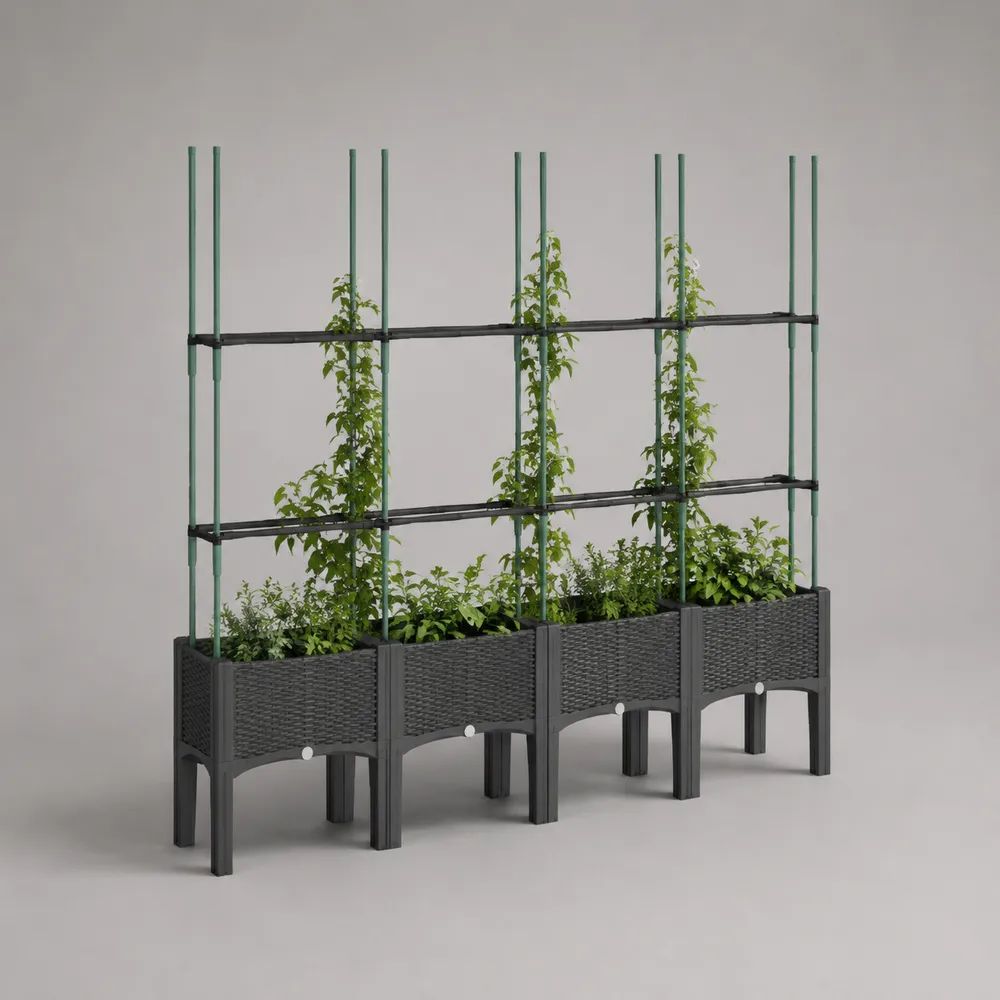 Gruppo di 4 fioriere rialzate rettangolari da esterno con traliccio in plastica e acciaio, 160 x 40 x 180 cm, antracite/verde/nero