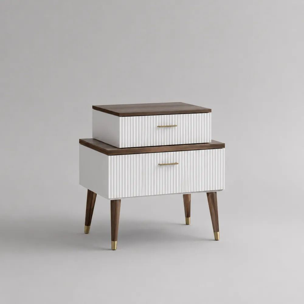 Comodino rettangolare in legno con 2 cassetti, Bianco/Noce/Oro, 60 × 40 × 68 cm