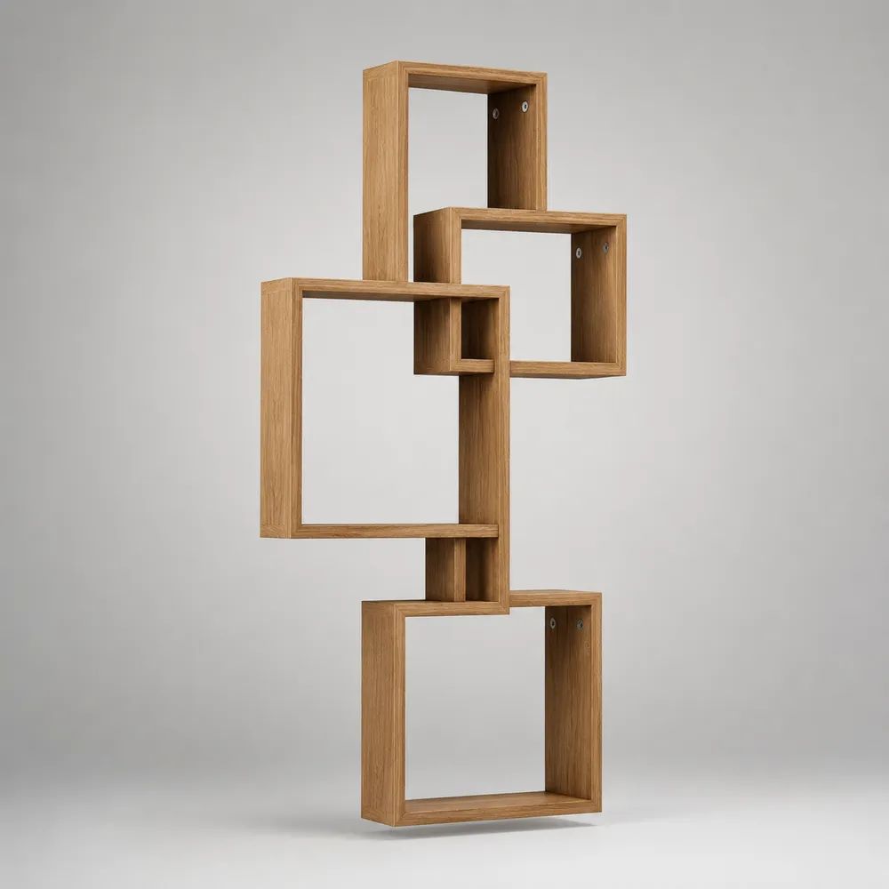 Libreria da parete in legno con 4 vani rettangolari sfalsati, marrone rovere, 62 x 18 x 140 cm