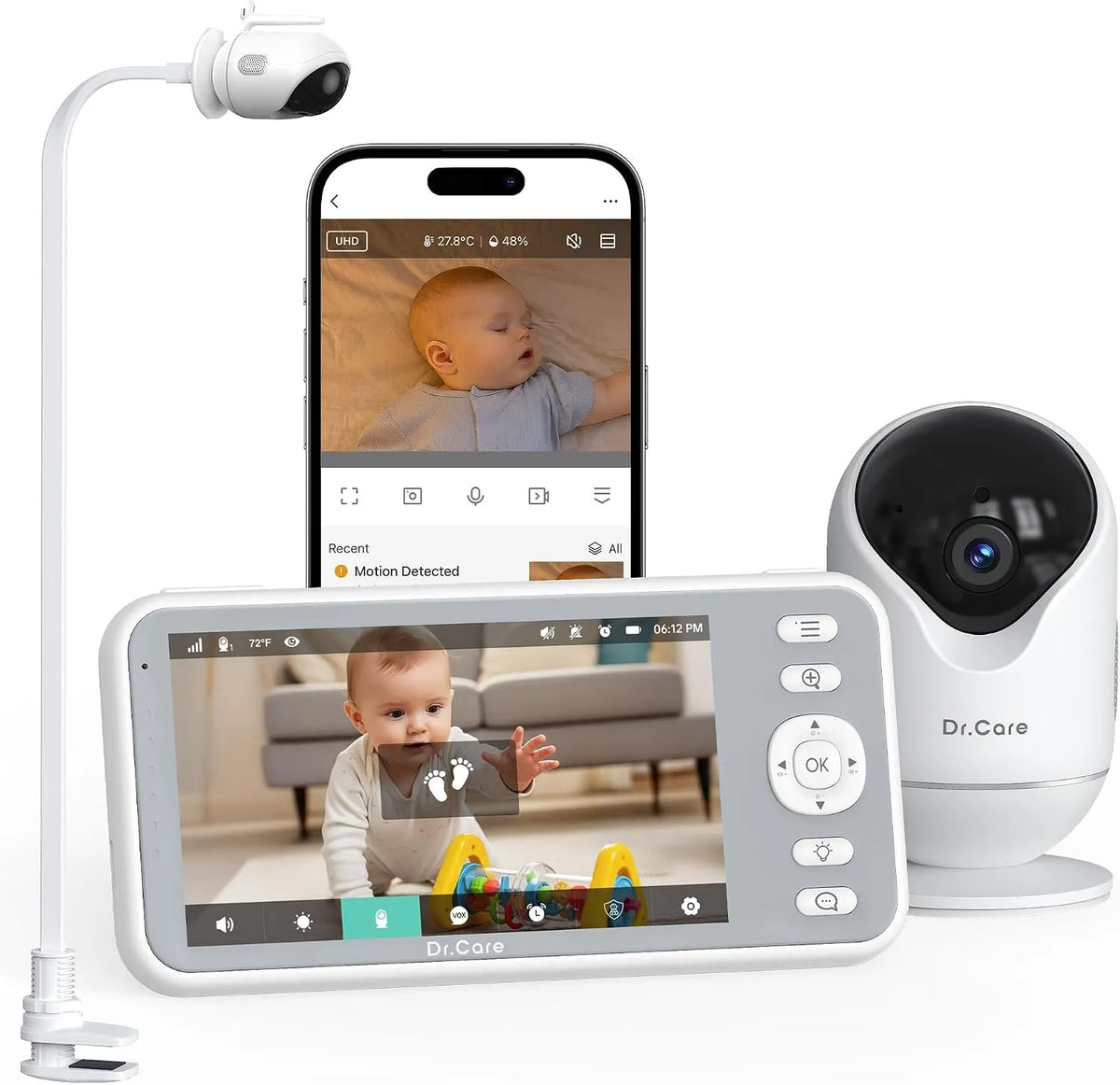 Monitor, Dr.Care, Wi-Fi, App, schermo per PC, monitor video per bambini, supporto a clip & allarme movimento