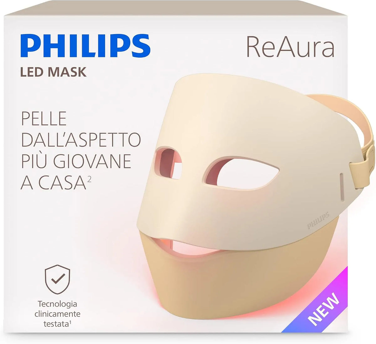 Philips LTM7100/00 flessibile, ReAura Maschera facciale a LED, 3 in 1 per viso, 3 modalità, routine da 10 minuti, contorno occhi e collo, a luce rossa