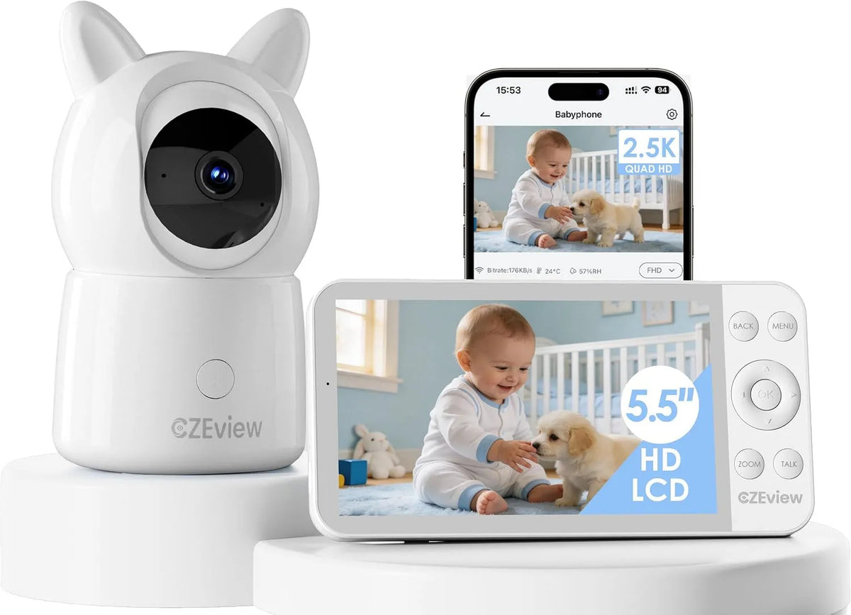 Monitor, CZEview 2.5K, bianco, schermo per PC, monitor video per bambini, 5,5' Baby Monitor Video e Audio