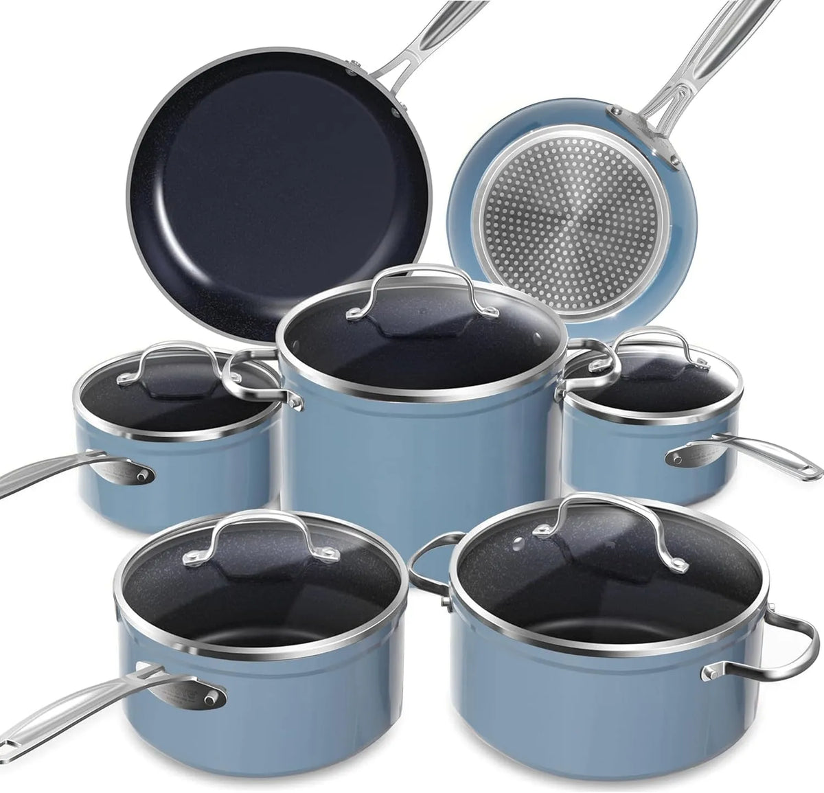 Nuwave Set Pentole e Padelle 12 Pezzi Duralon Ceramica, Blu, No PFAS