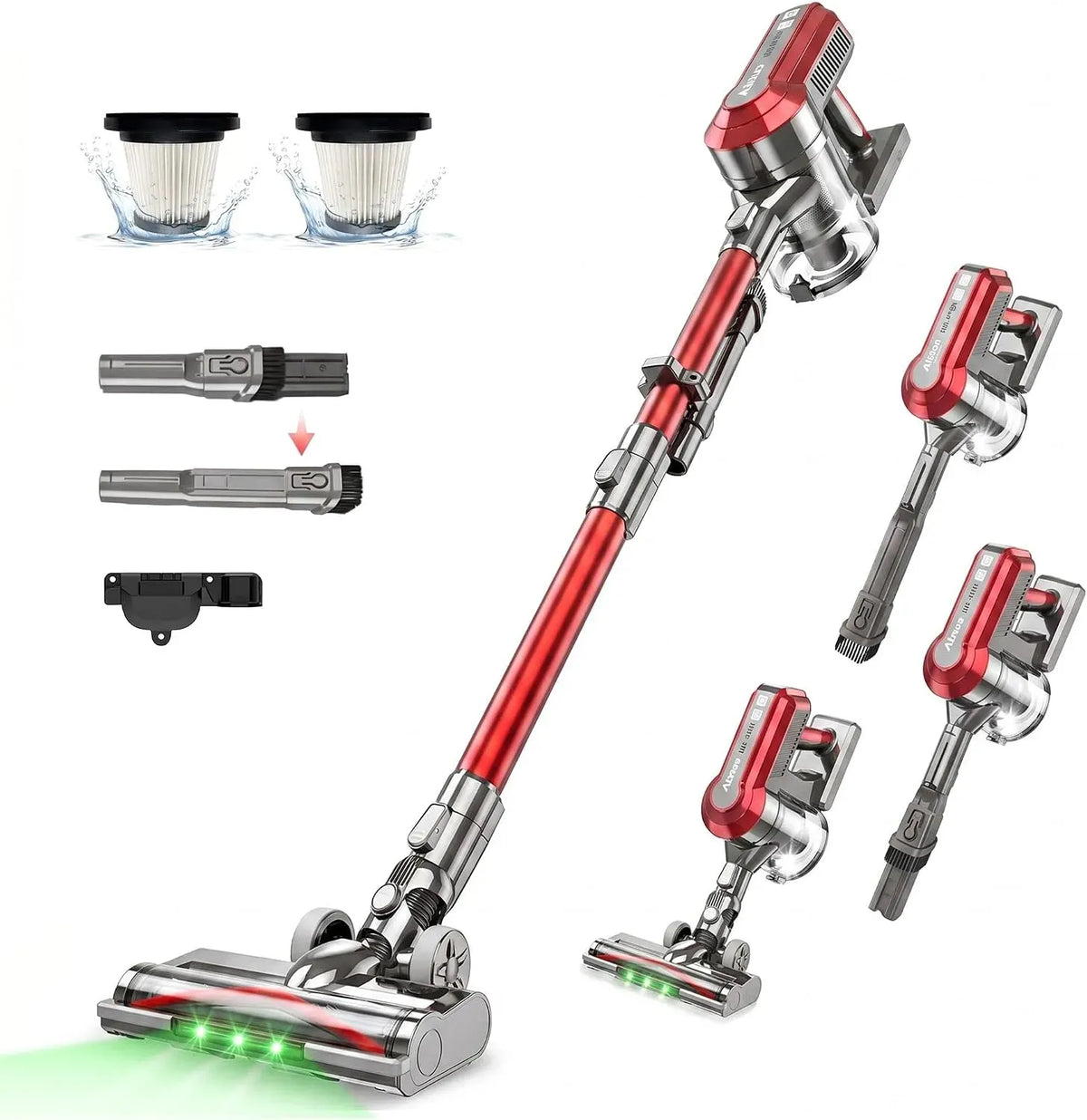 Aspirapolvere, 450 W, Akitas V10A, verde, potenza di aspirazione 45 kPa, spazzola a LED con luce verde, ideale per tappeti, 60 minuti