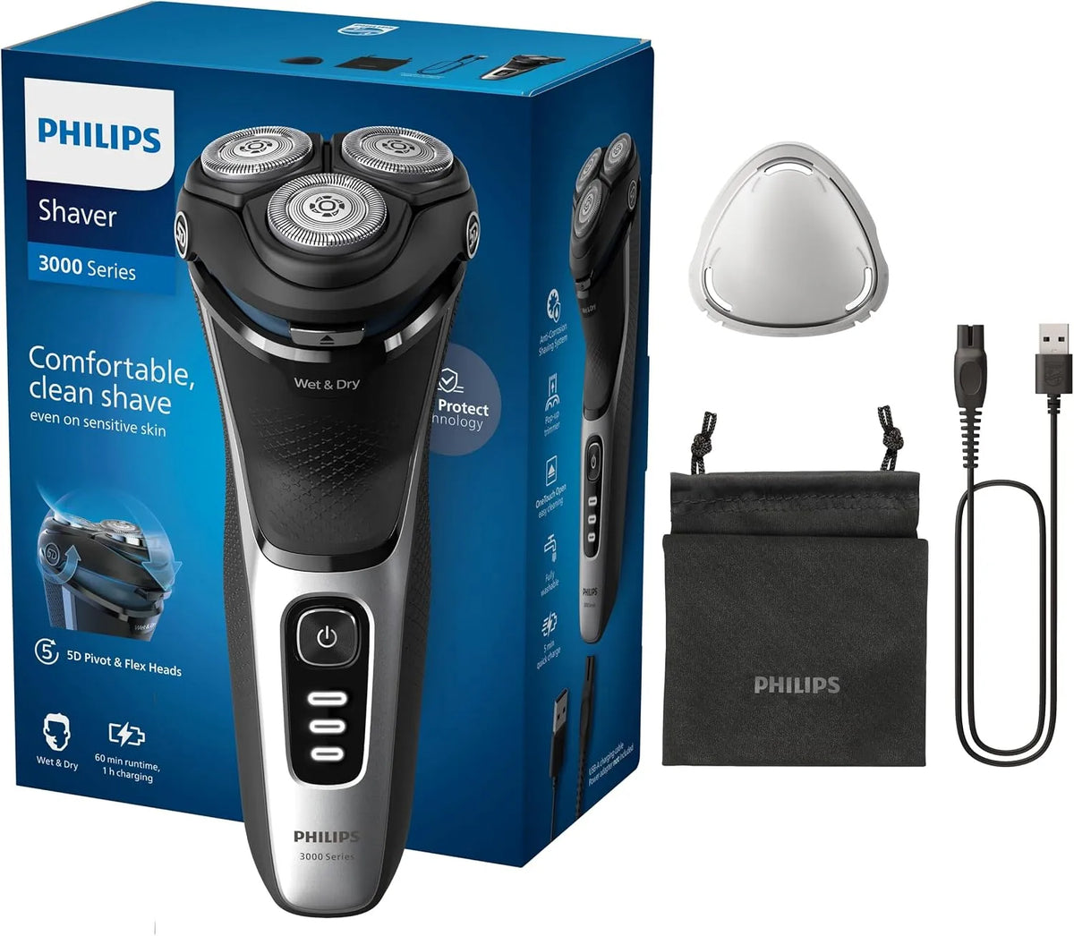Philips serie 3000 S3241/12 rasoio, pannello IPS, nero, per uomo con tecnologia SkinProtect