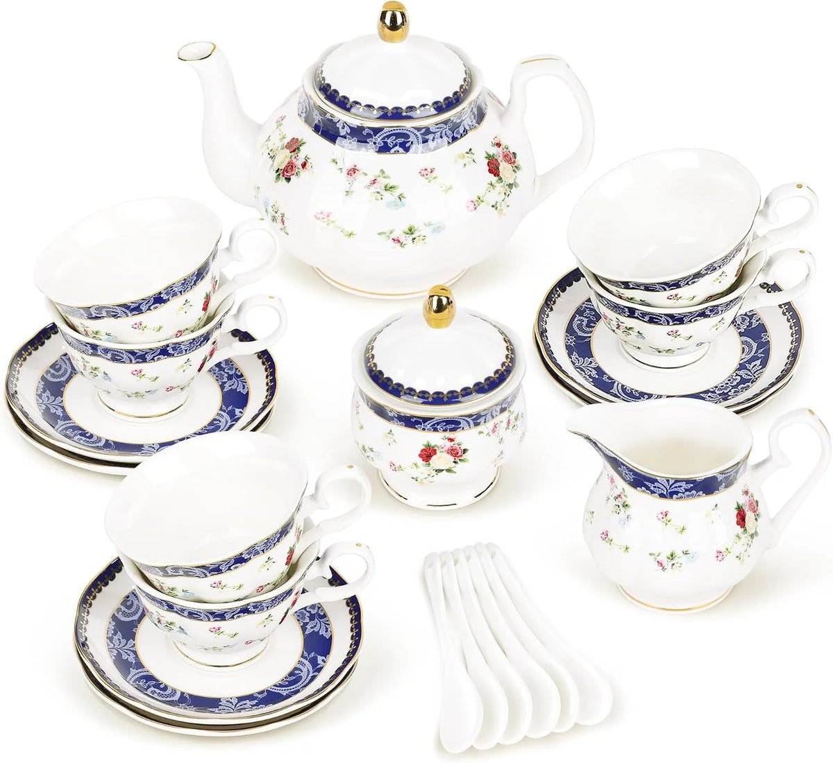 Moderno Set di Teiere in Porcellana, Set di Tazze da Caffè Vintage con Piattino, fanquare 21 Pezzi Set da Tè Pomeridiano Britannico con Rose Blu