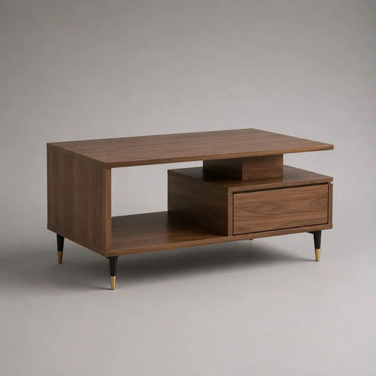Tavolino da salotto rettangolare in MDF impiallacciato noce con cassetto e ripiani, marrone noce, nero e ottone, 100 x 50 x 52 cm