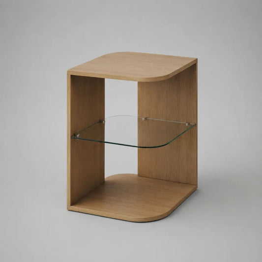 Tavolino quadrato in MDF impiallacciato rovere naturale con ripiano in vetro trasparente, 45 × 45 × 55 cm