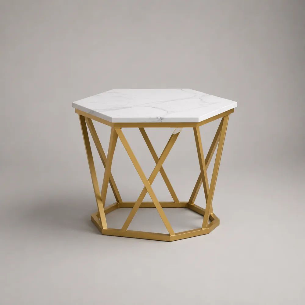 Tavolino esagonale in MDF effetto marmo e acciaio dorato, 60 x 52 x 55 cm, bianco, grigio e oro