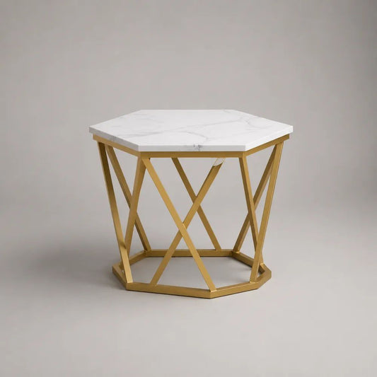 Tavolino esagonale in MDF effetto marmo e acciaio dorato, 60 x 52 x 55 cm, bianco, grigio e oro