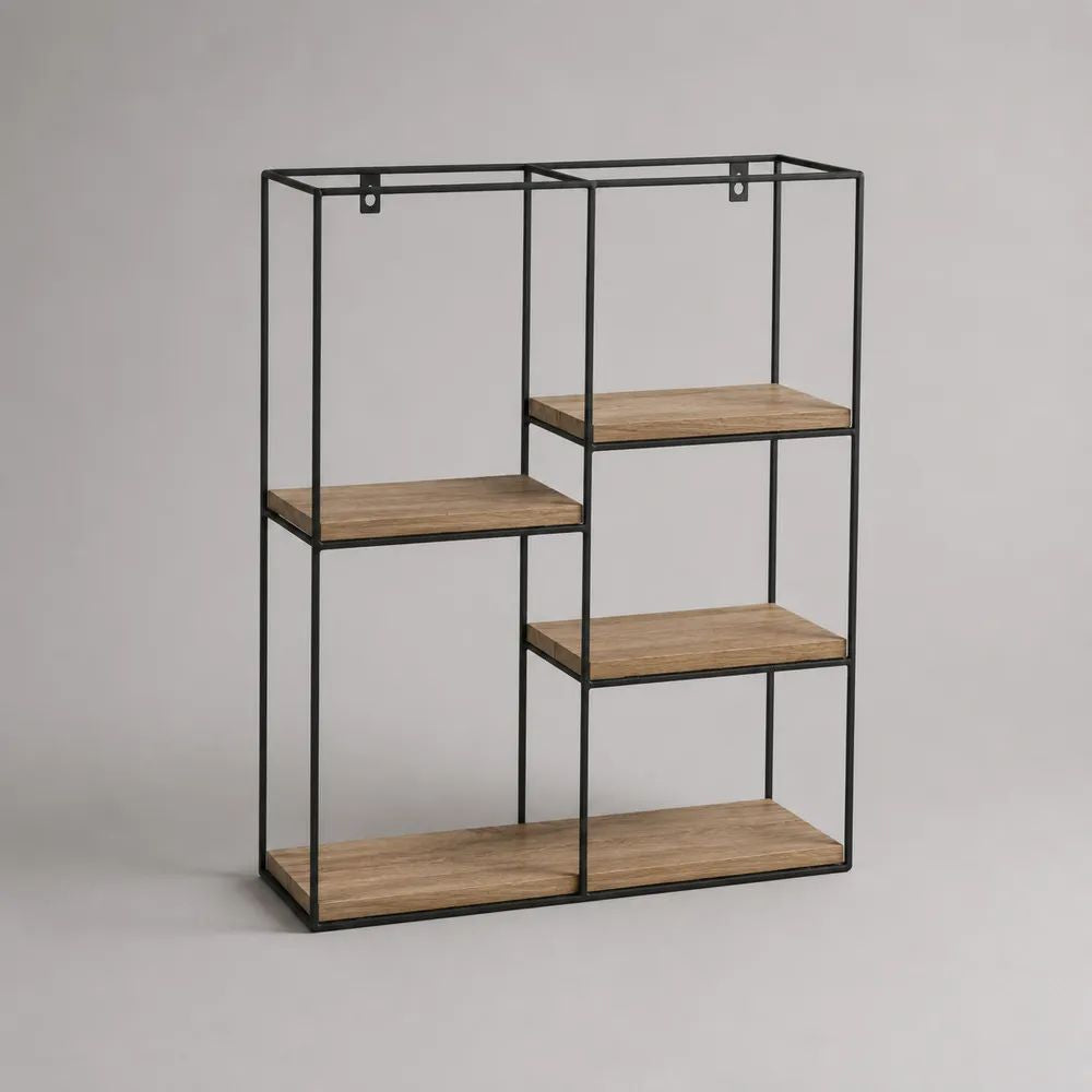 Scaffale rettangolare a 5 ripiani in MDF e acciaio, nero e rovere naturale, 80 × 25 × 100 cm