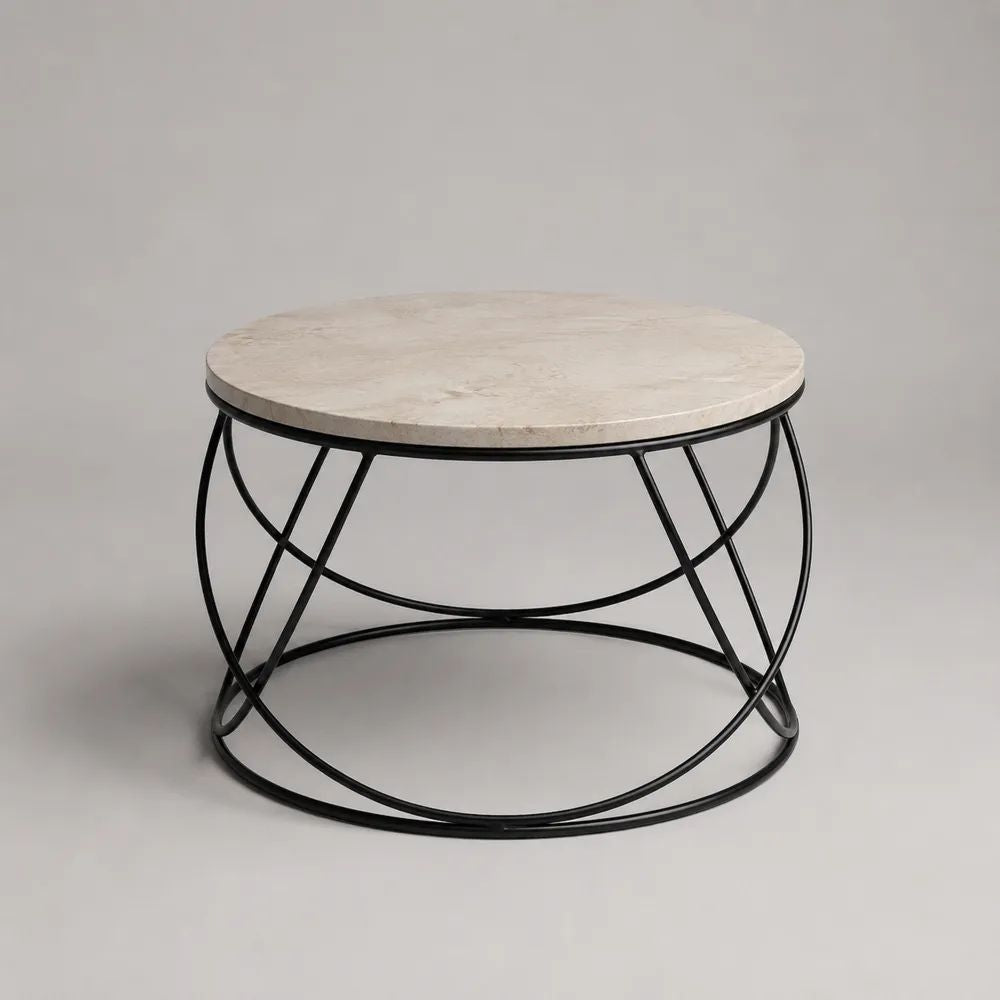 Tavolino da salotto rotondo in marmo beige e acciaio nero, Ø 80 × H 45 cm