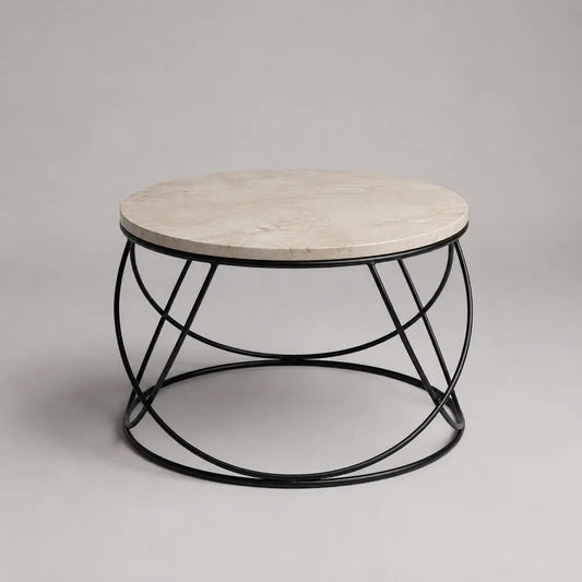 Tavolino da salotto rotondo in marmo beige e acciaio nero, Ø 80 × H 45 cm