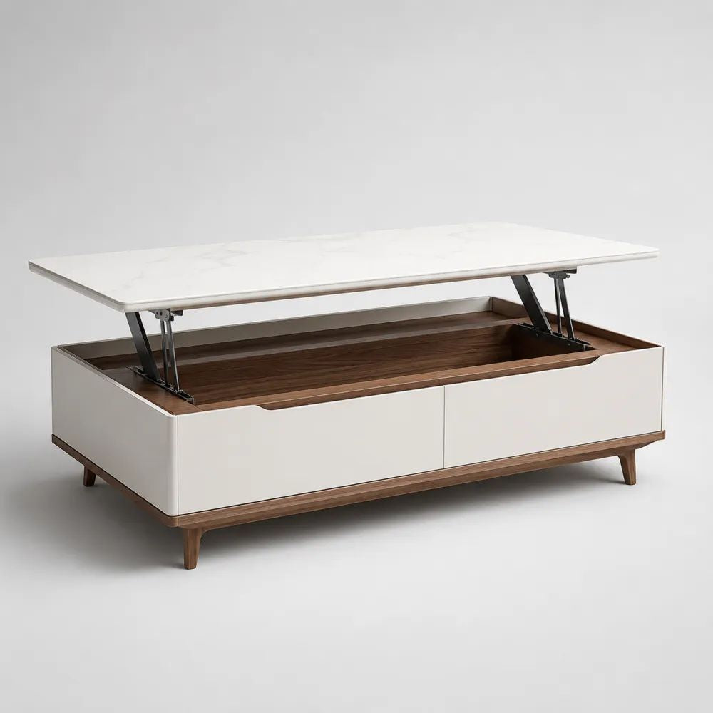 Tavolino da salotto rettangolare elevabile in MDF laccato e ceramica effetto marmo bianco, con vano contenitore e 2 cassetti, 120 x 60 x 45-60 cm