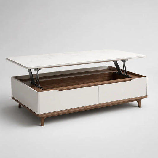 Tavolino da salotto rettangolare elevabile in MDF laccato e ceramica effetto marmo bianco, con vano contenitore e 2 cassetti, 120 x 60 x 45-60 cm