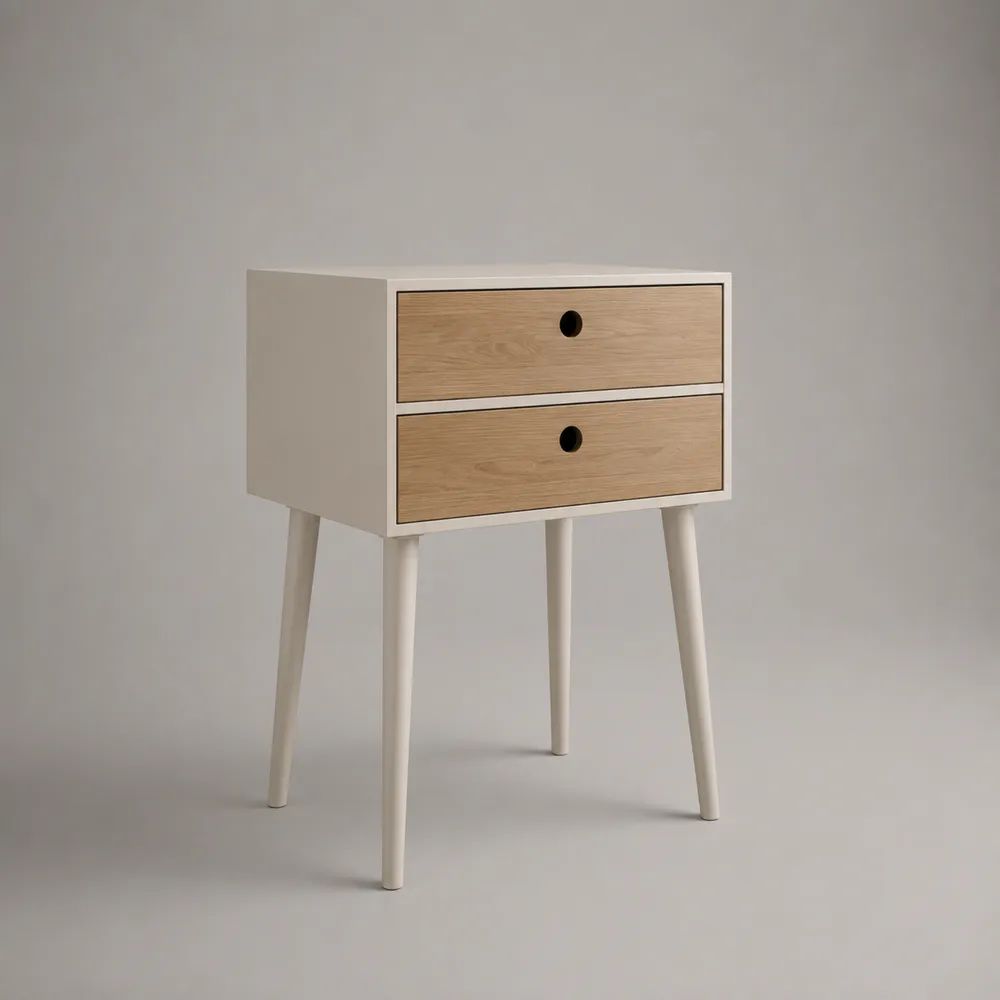 Comodino rettangolare in legno con 2 cassetti, bianco e rovere naturale, 45 x 35 x 60 cm