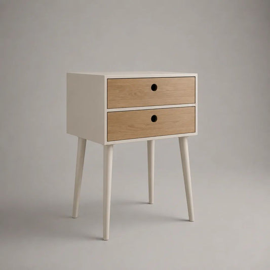 Comodino rettangolare in legno con 2 cassetti, bianco e rovere naturale, 45 x 35 x 60 cm