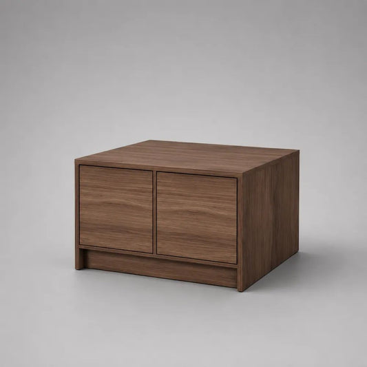 Tavolino contenitore rettangolare in MDF impiallacciato noce marrone con 2 ante, 80 × 50 × 55 cm