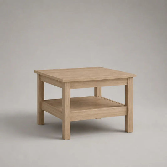 Tavolino da salotto quadrato in legno rovere naturale con ripiano inferiore, 60 x 60 x 50 cm