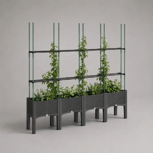 Gruppo di 4 fioriere rialzate rettangolari da esterno con traliccio in plastica e acciaio, 160 x 40 x 180 cm, antracite/verde/nero