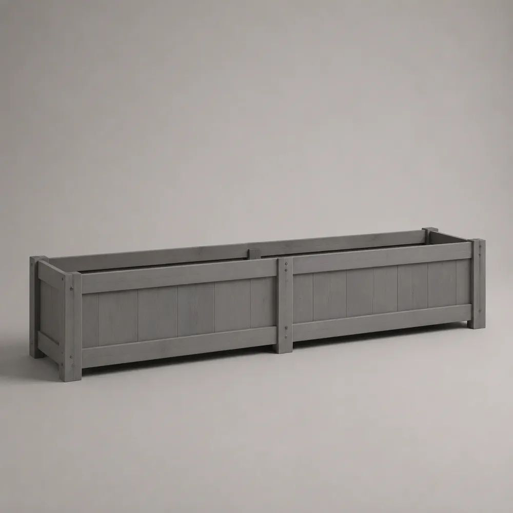 Fioriera rialzata rettangolare da esterno in legno massello grigio, 180 x 40 x 45 cm