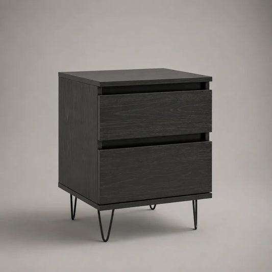 Comodino rettangolare nero in legno con 2 cassetti e gambe in acciaio, 40 × 35 × 55 cm
