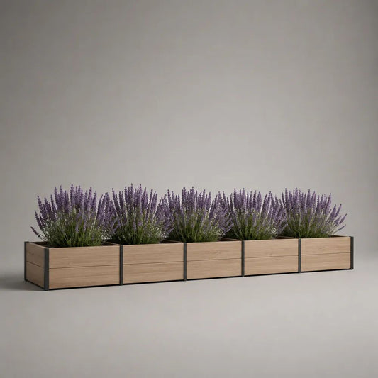 Set di 5 fioriere rettangolari da esterno in WPC e acciaio, 250 × 40 × 40 cm, marrone chiaro e nero