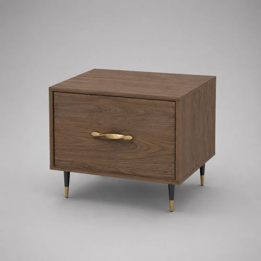 Tavolino laterale rettangolare con cassetto in MDF e acciaio, marrone noce, nero e oro, 50 x 40 x 55 cm