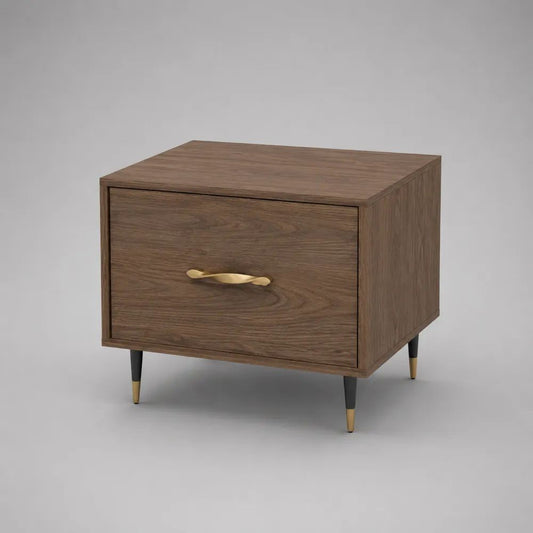 Tavolino laterale rettangolare con cassetto in MDF e acciaio, marrone noce, nero e oro, 50 x 40 x 55 cm