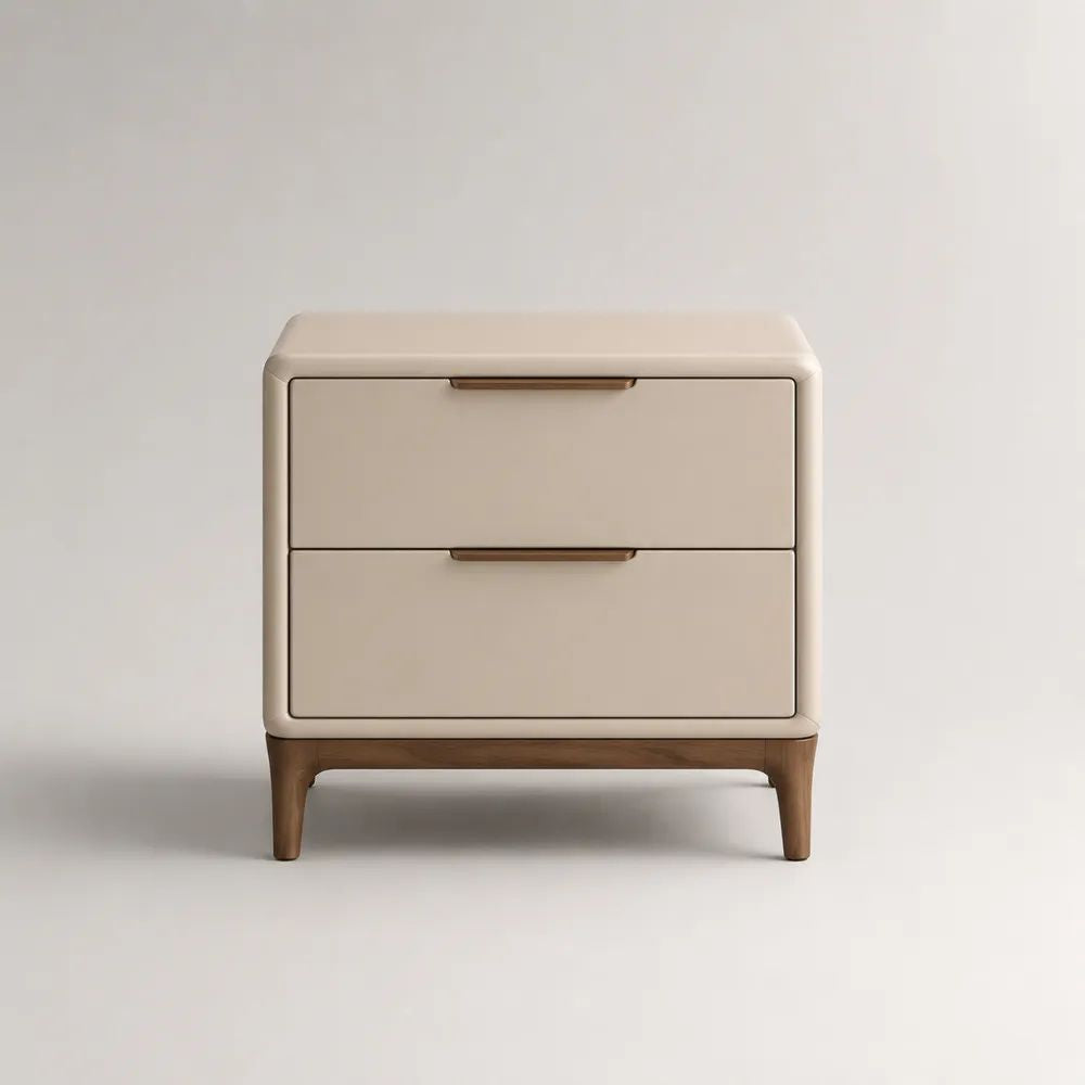 Comodino rettangolare beige con 2 cassetti, struttura in legno rivestita in pelle sintetica e base marrone, 50 x 40 x 55 cm