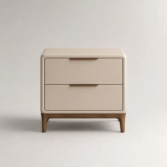 Comodino rettangolare beige con 2 cassetti, struttura in legno rivestita in pelle sintetica e base marrone, 50 x 40 x 55 cm