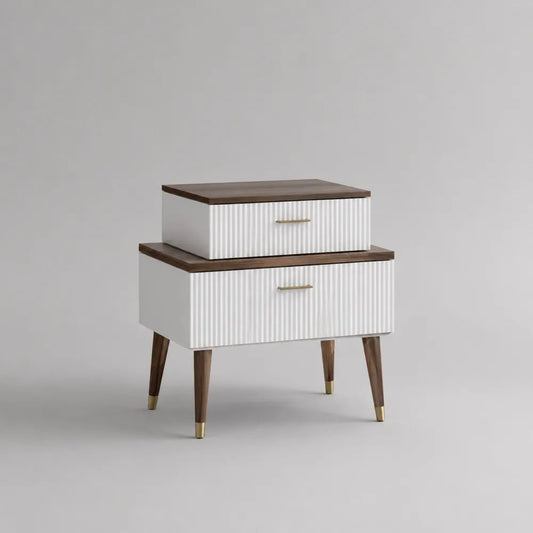 Comodino rettangolare in legno con 2 cassetti, Bianco/Noce/Oro, 60 × 40 × 68 cm