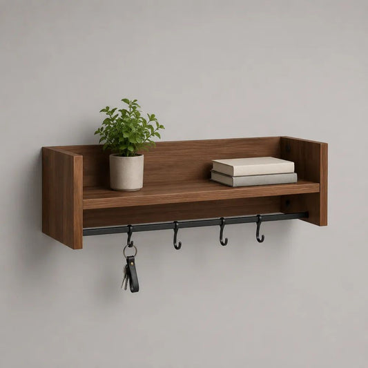Mensola da parete in MDF effetto noce con ripiano, barra in acciaio e 4 ganci, 80 x 20 x 30 cm