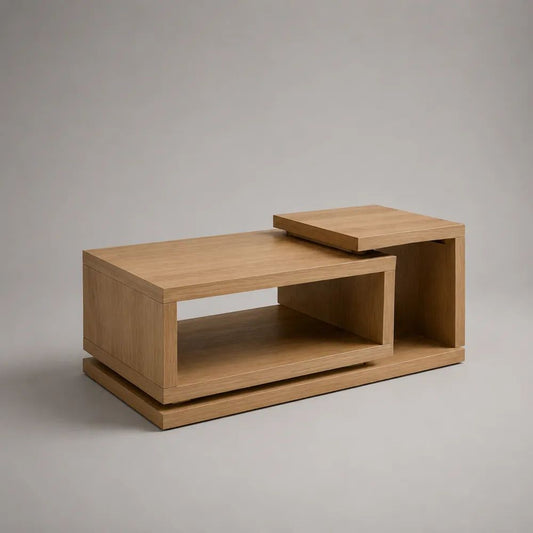 Tavolino rettangolare in MDF impiallacciato rovere naturale con piani sfalsati e vano aperto, 100 × 60 × 45 cm