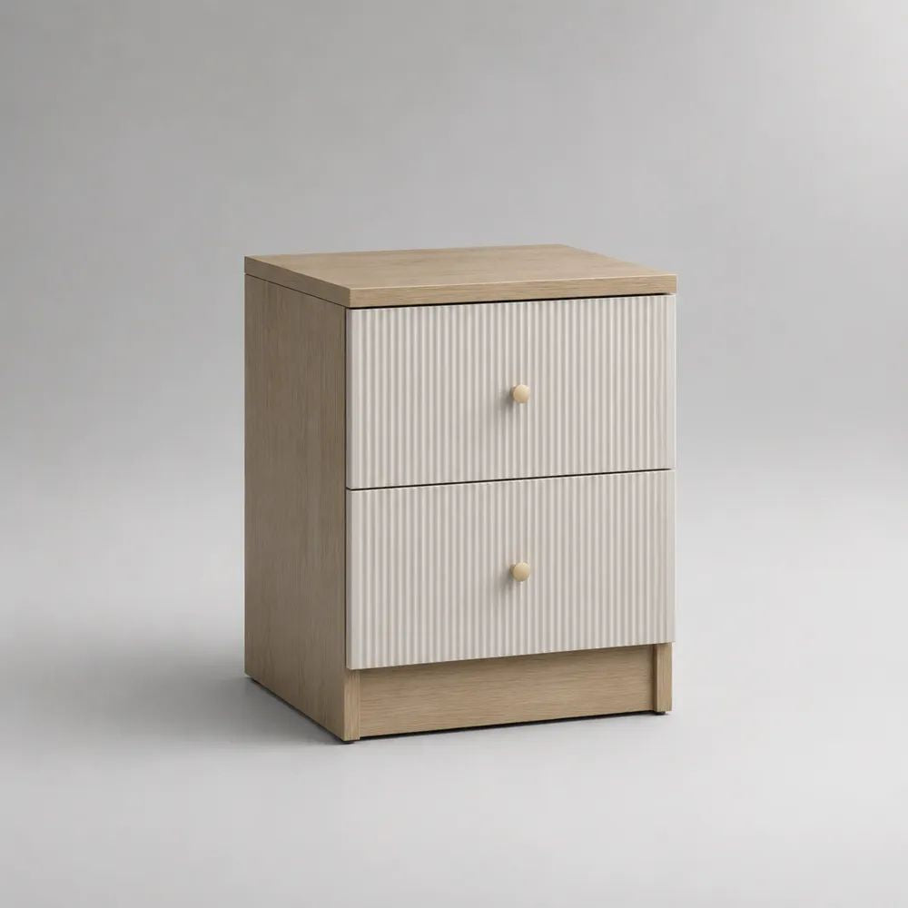 Comodino rettangolare con 2 cassetti in MDF e pannello truciolare, bianco e rovere chiaro, 40 x 35 x 55 cm