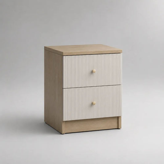Comodino rettangolare con 2 cassetti in MDF e pannello truciolare, bianco e rovere chiaro, 40 x 35 x 55 cm