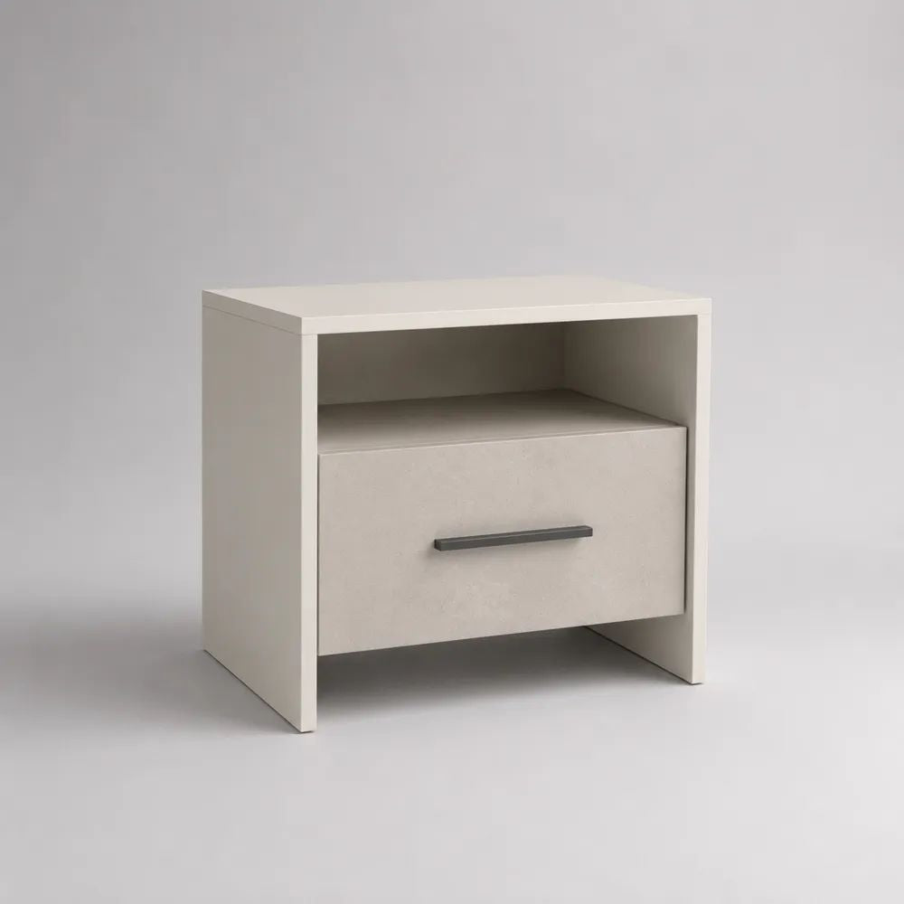 Comodino rettangolare bianco in MDF con cassetto, vano aperto e maniglia antracite, 45 × 35 × 50 cm