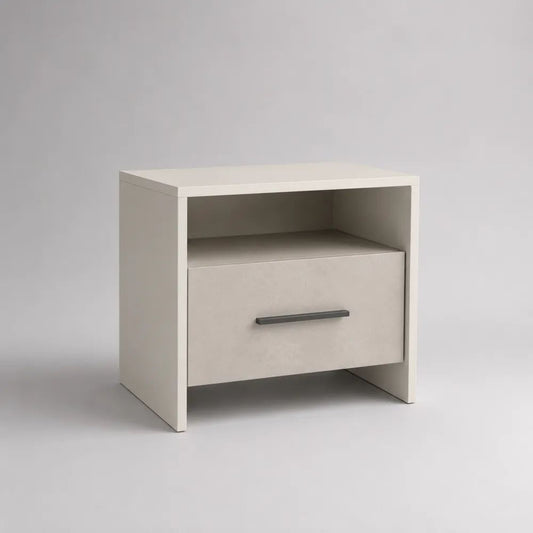 Comodino rettangolare bianco in MDF con cassetto, vano aperto e maniglia antracite, 45 × 35 × 50 cm