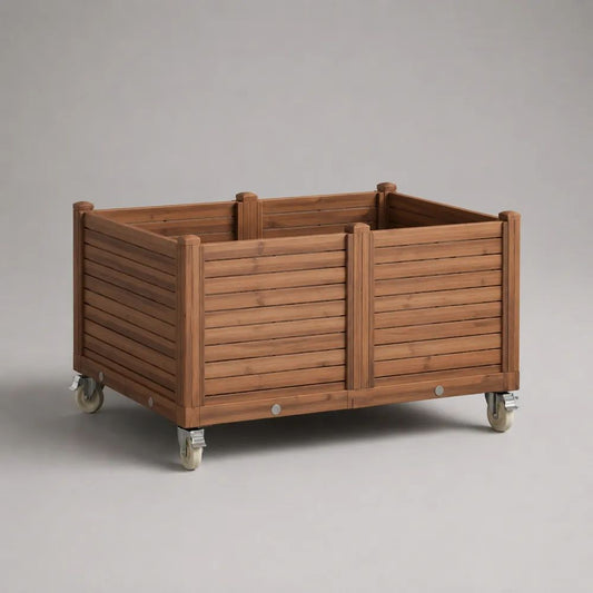 Fioriera rialzata rettangolare da esterno in legno con 2 scomparti e ruote, marrone, 90 x 50 x 65 cm