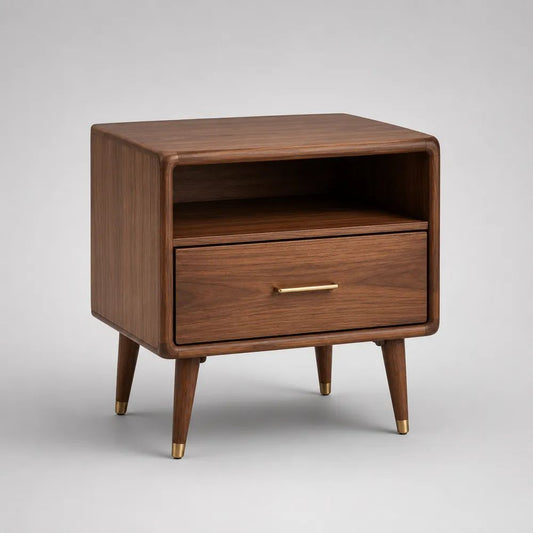 Comodino rettangolare in MDF impiallacciato con cassetto e vano aperto, marrone noce e ottone, 50 x 40 x 60 cm
