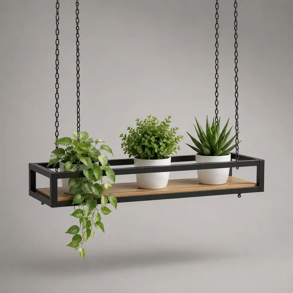 Mensola sospesa portapiante rettangolare in acciaio e legno, nero e marrone naturale, 100 x 25 x 18 cm