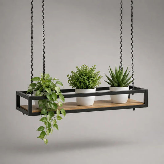 Mensola sospesa portapiante rettangolare in acciaio e legno, nero e marrone naturale, 100 x 25 x 18 cm
