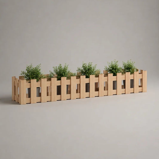 Fioriera da esterno in legno naturale con 5 vasi in plastica antracite, 150 x 32 x 45 cm