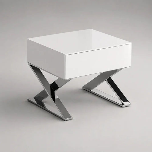 Comodino rettangolare bianco e argento con cassetto in MDF laccato e acciaio inox lucidato, 50 x 40 x 50 cm