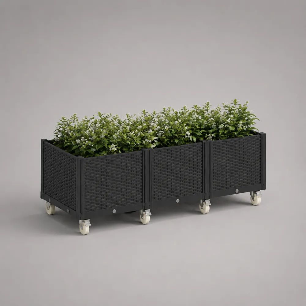 Fioriera rialzata rettangolare con ruote e 3 scomparti in polipropilene effetto rattan, nera, 120 x 40 x 45 cm