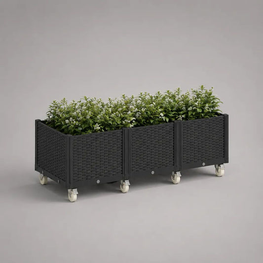 Fioriera rialzata rettangolare con ruote e 3 scomparti in polipropilene effetto rattan, nera, 120 x 40 x 45 cm