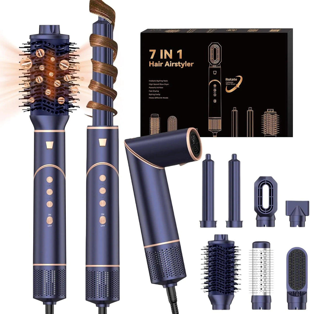 Spazzola, blu, per Capelli Ricci, 7 en 1 Spazzola Asciugacapelli Ioni & Air Styler ad Alta Velocità 110,000 RPM Asciugatura Rapida
